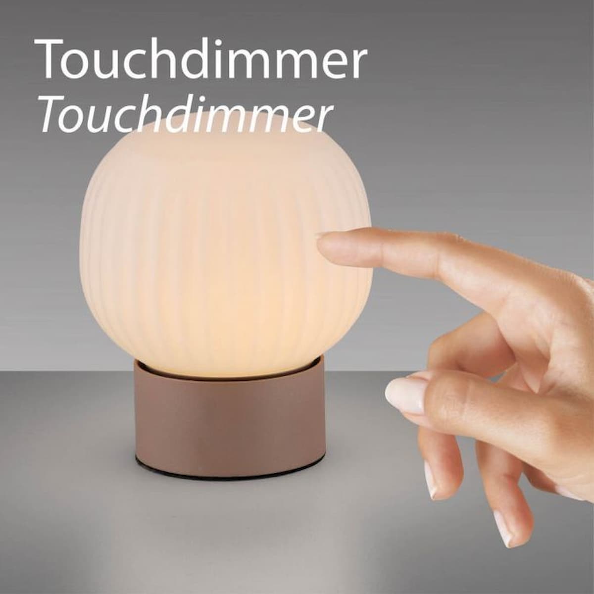 LED table lamp NAMI, sand-coloured, touch dimmer, memory function, fluted opal glass-15175-39