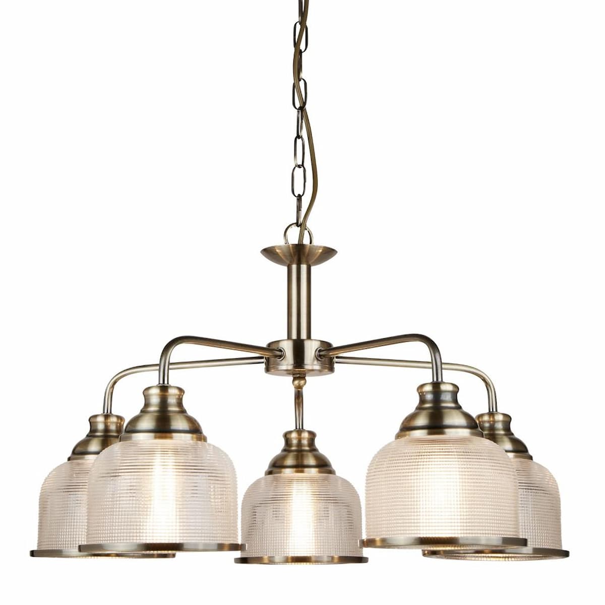 BISTRO II 5LT PENDANT -ANTIQUE BRASS & HOLOPHANE STYLE GLASS-1685-5AB