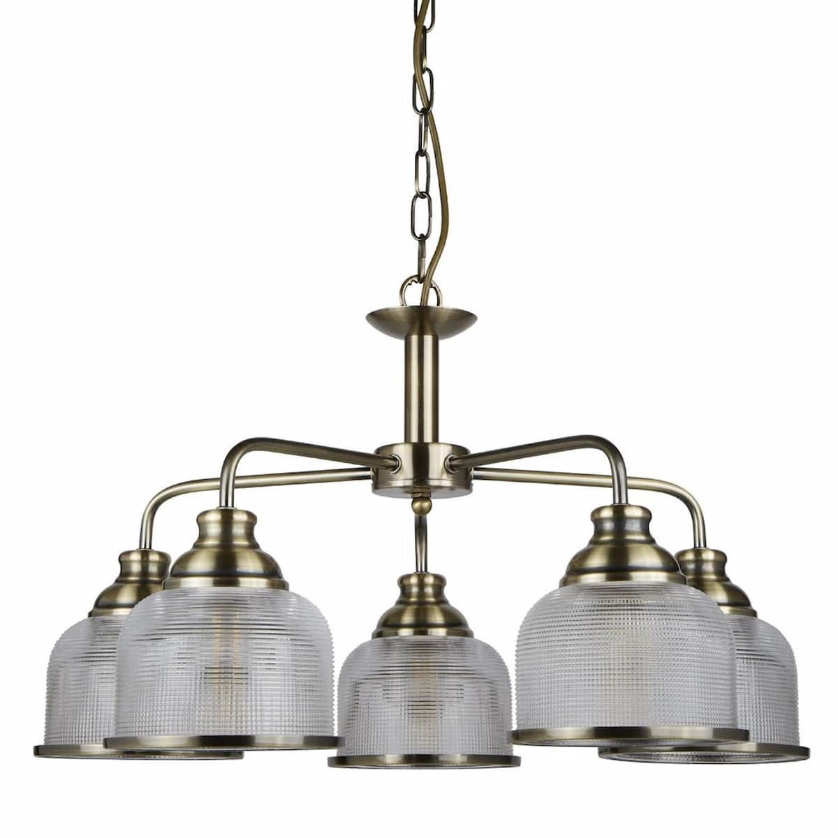 BISTRO II 5LT PENDANT -ANTIQUE BRASS & HOLOPHANE STYLE GLASS-1685-5AB