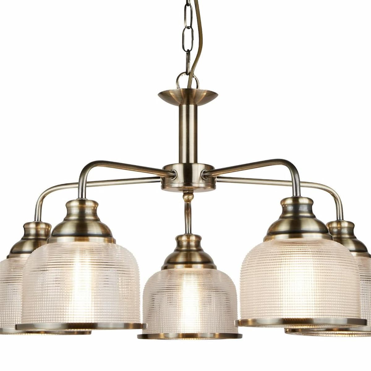 BISTRO II 5LT PENDANT -ANTIQUE BRASS & HOLOPHANE STYLE GLASS-1685-5AB