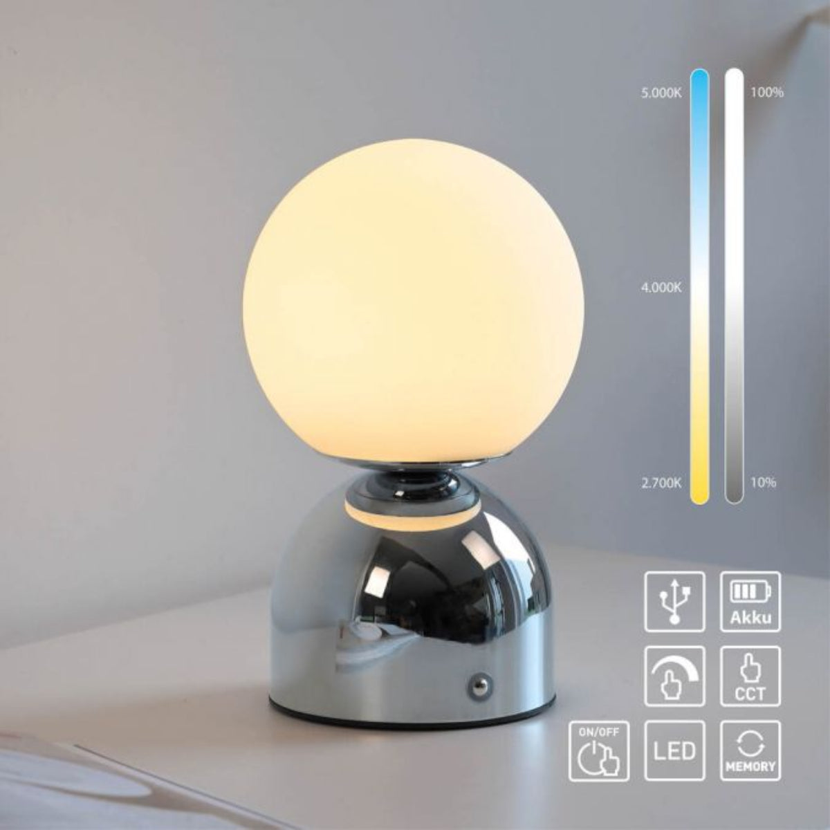 SCHÖNER WOHNEN Collection LED Rechargeable Table Lamp RUDI, chrome , USB charging cable-19218-17
