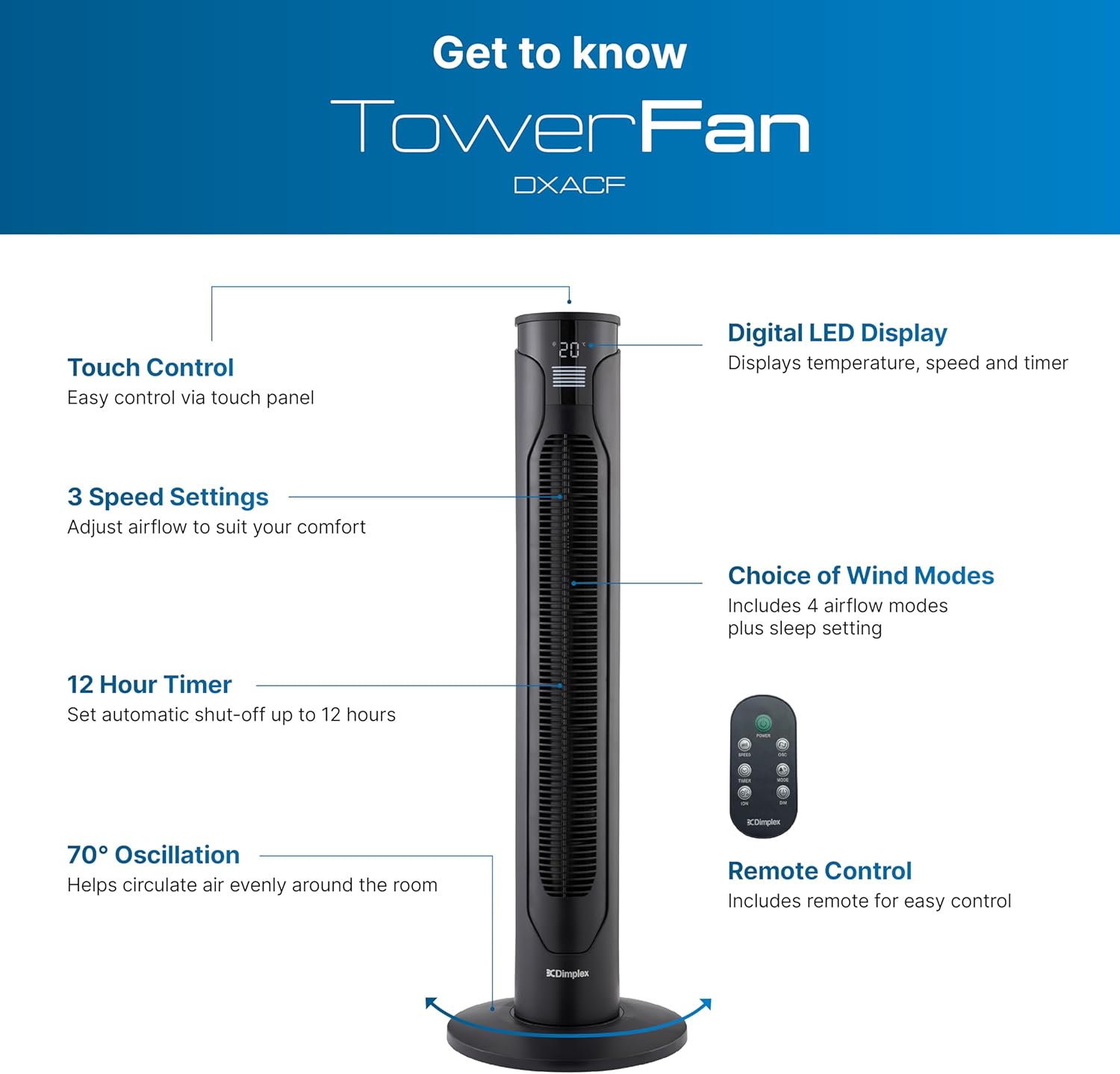 Dimplex Tower Fan with Remote Control Quiet Cooling Black | DXACF