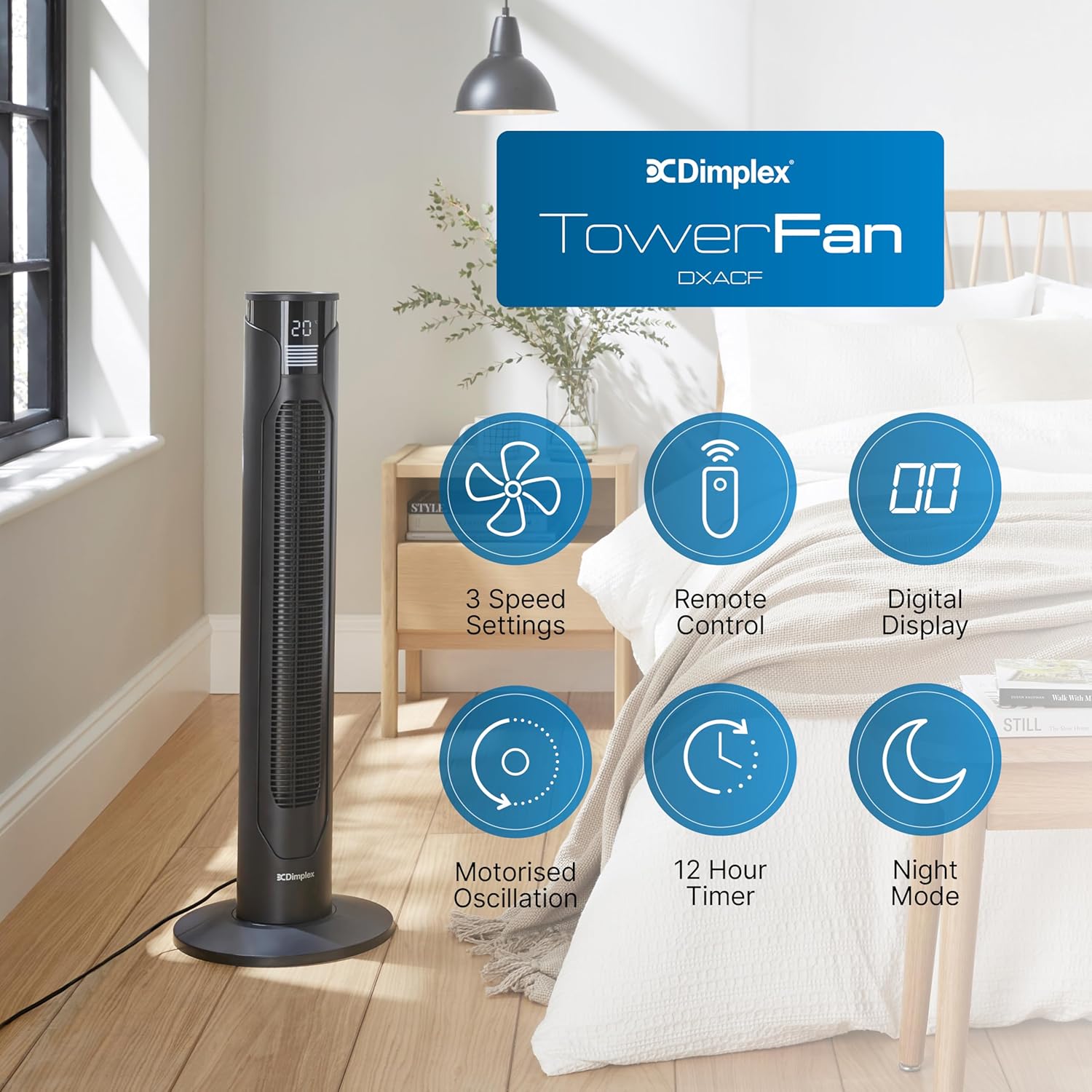 Dimplex Tower Fan with Remote Control Quiet Cooling Black | DXACF
