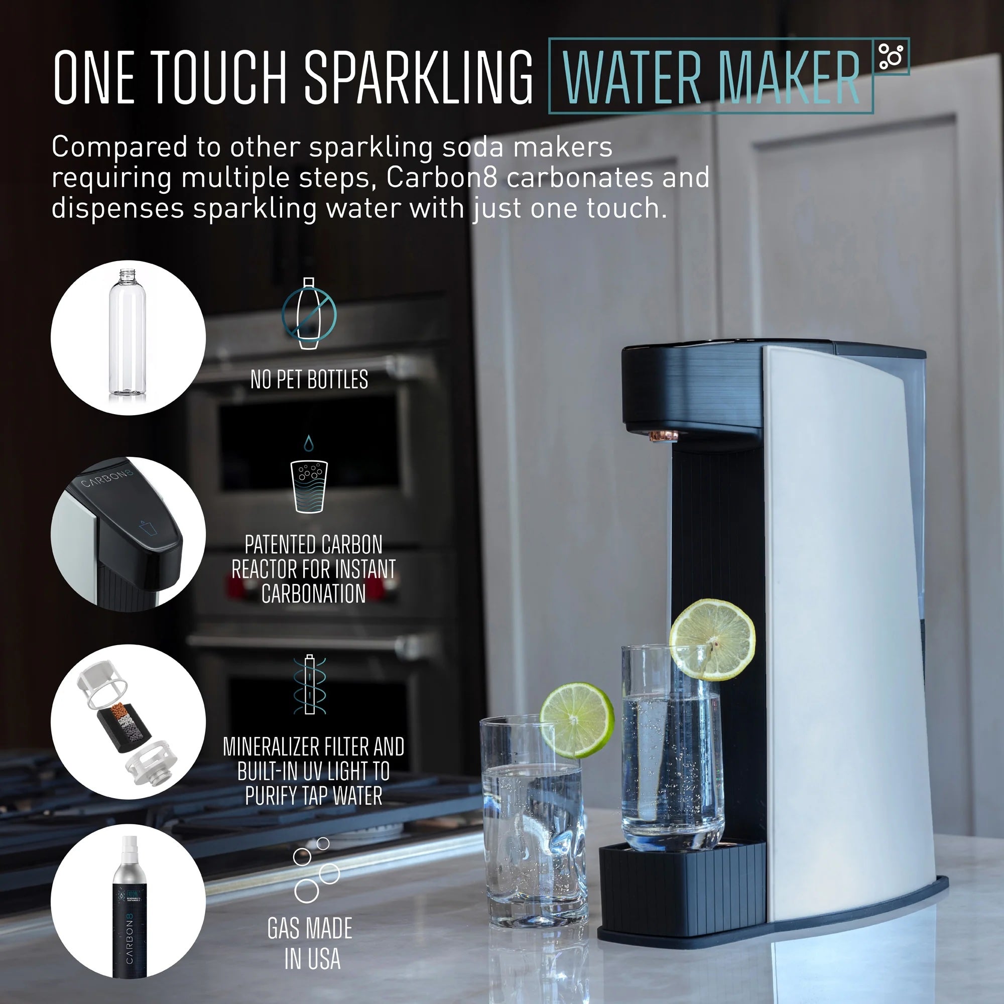 Carbon8 One Touch Sparkling Water Maker 2L Silver | C8-01-AL