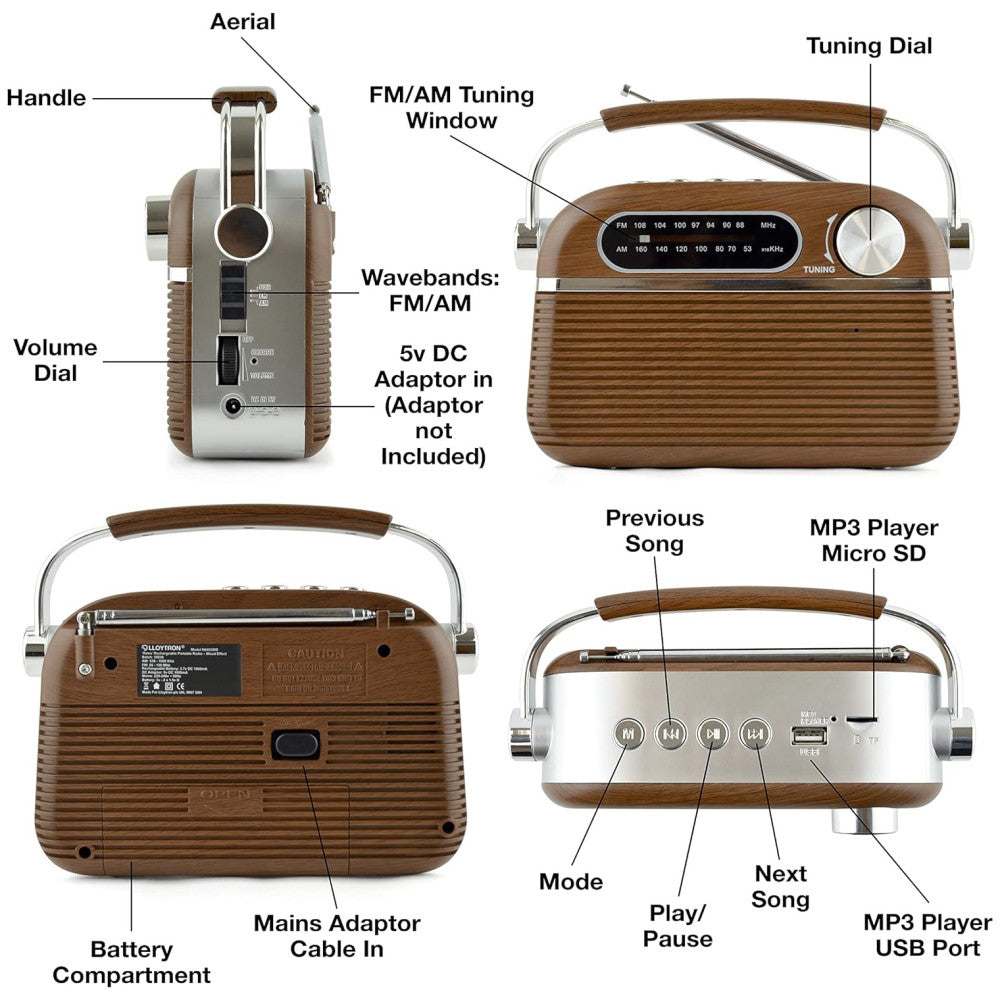 Lloytron Rechargeable AM/FM Radio Wood Effect | N6403WD