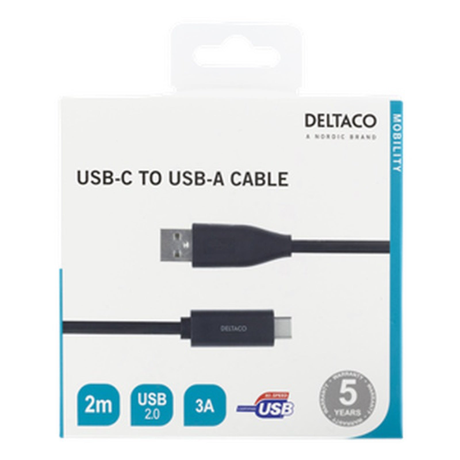 Deltaco 2m USBC to USBA cable USB 2.0 l USBC1006M