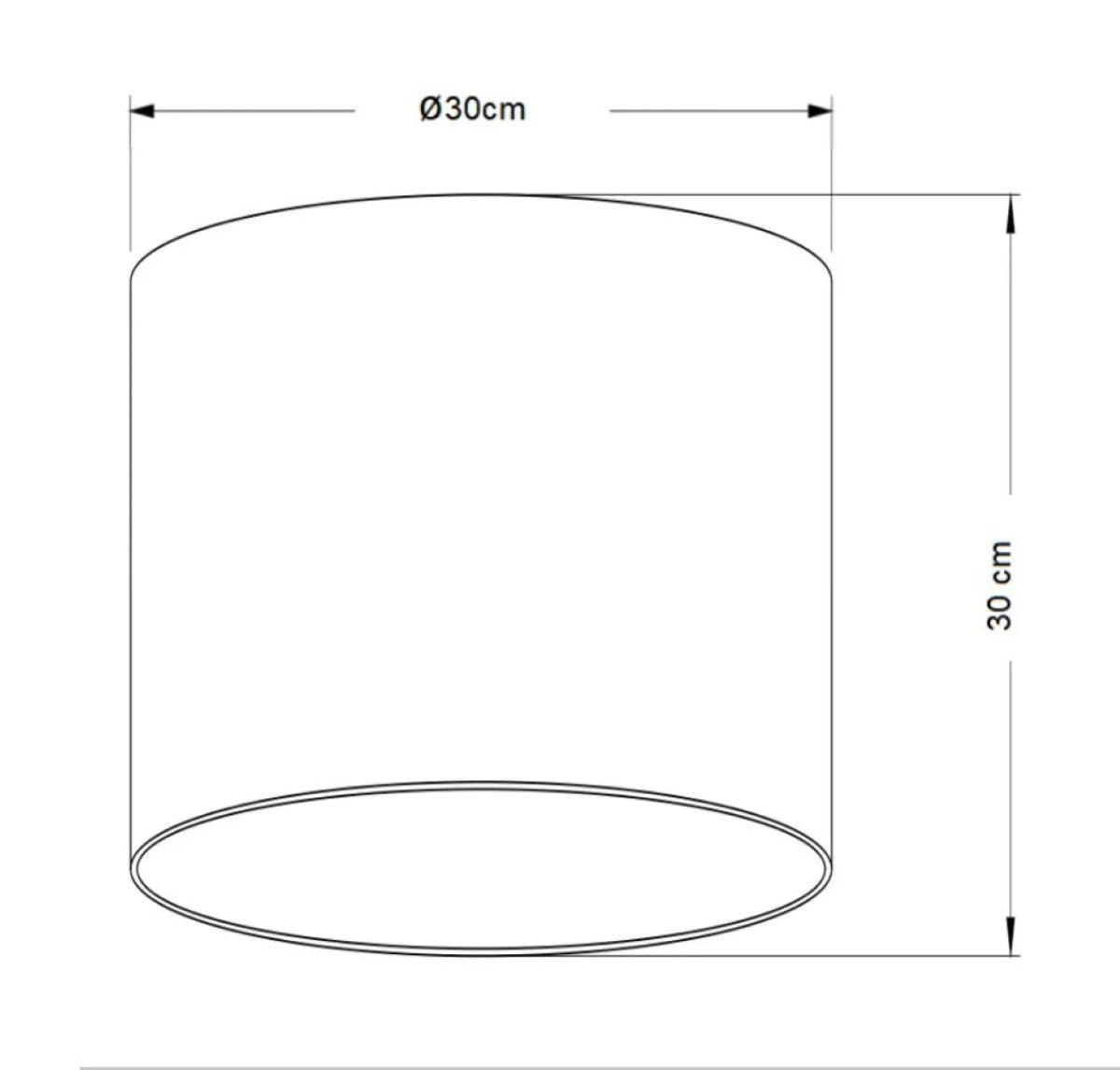 Measurement diagram of a cylindrical object with dimensions 30cm in diameter and height.