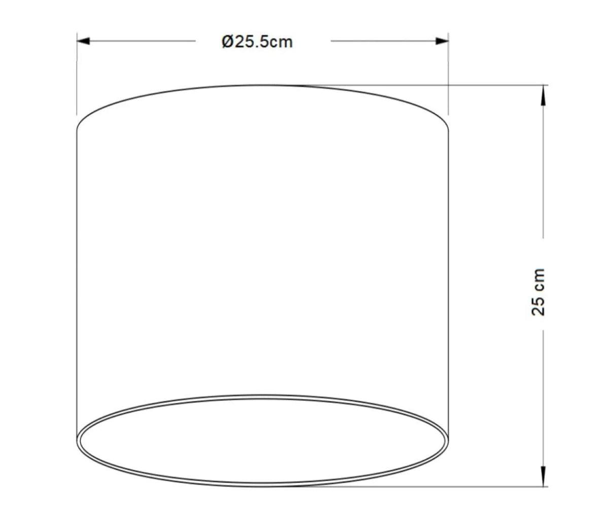 A simple line drawing of a cylinder with dimension labels showing a diameter of 25.5 cm and a height of 25 cm on a white background.