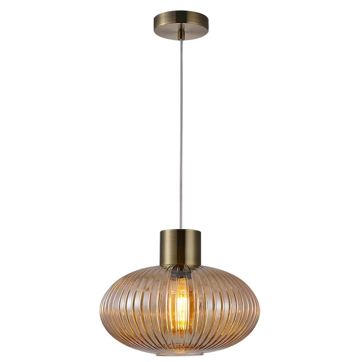 ANTIQUE BRASS w/ RIBBED AMBER GLASS SKYTECH PENDANT |PF2023/1AM - Peter Murphy Lighting & Electrical Ltd