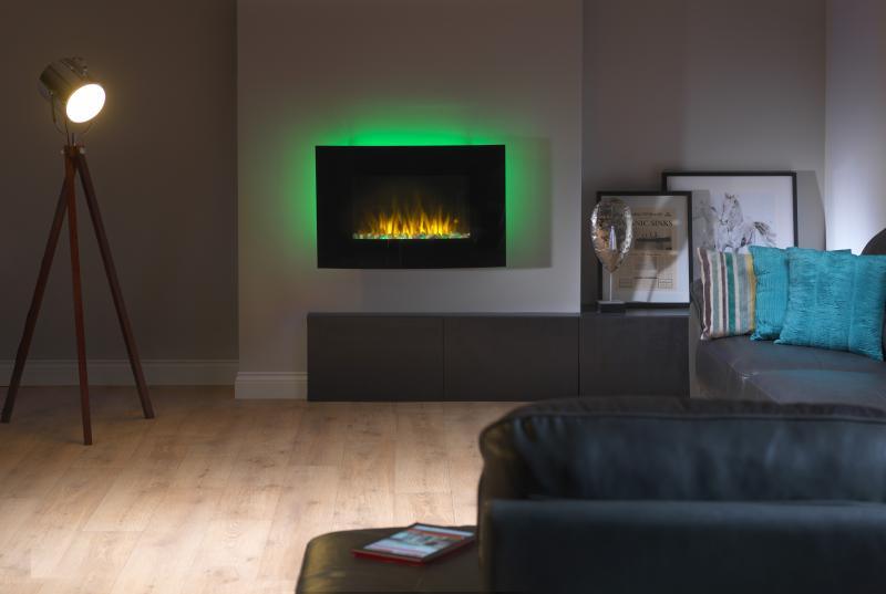 Artesia, 2kW LED Black Glass Wall Fire, Dimmable Flame , ART20 - Peter Murphy Lighting & Electrical Ltd