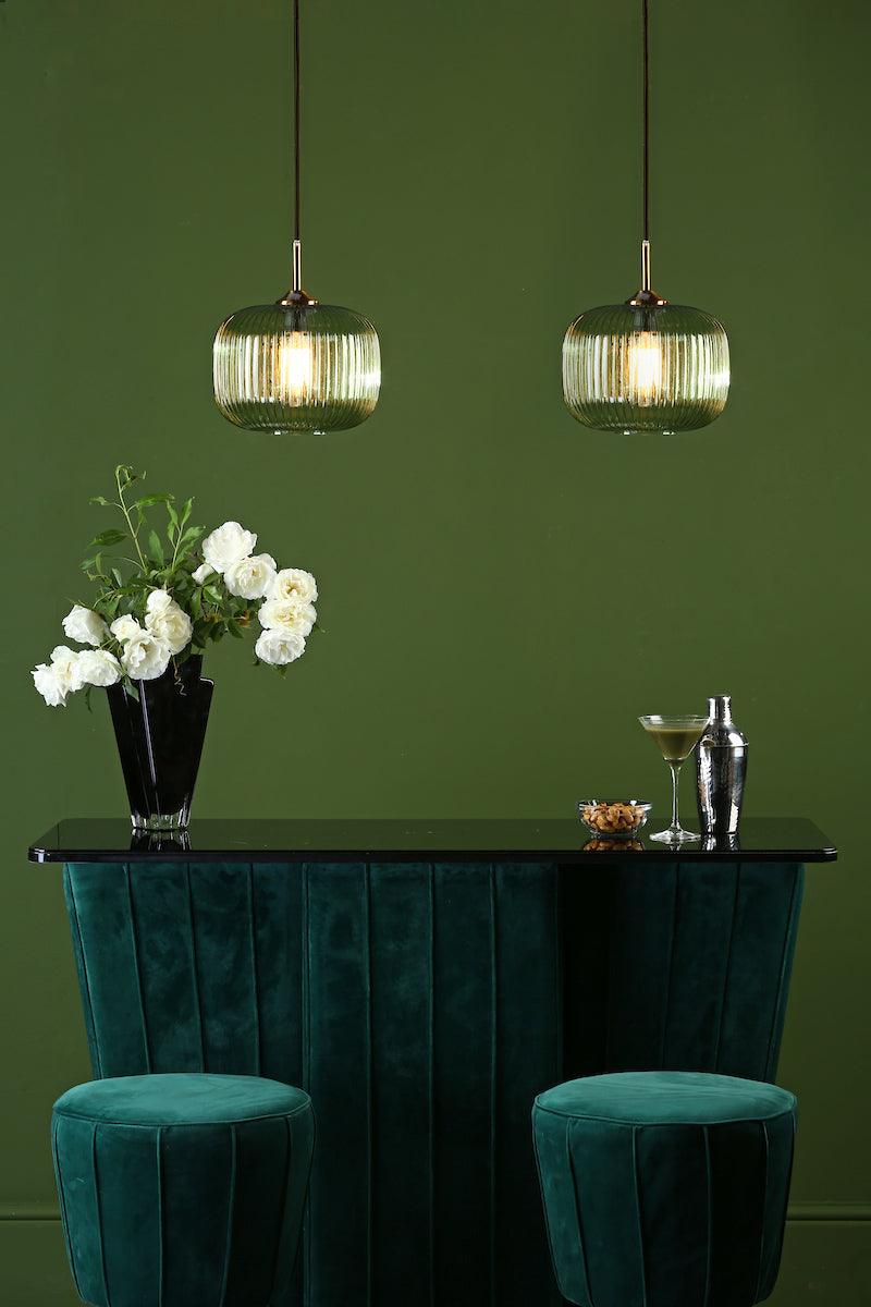 Demarius 1 Light Pendant Green Glass Bronze Detail - Peter Murphy Lighting & Electrical Ltd