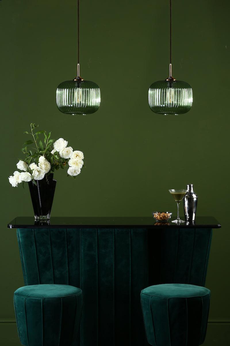 Demarius 1 Light Pendant Green Glass Bronze Detail - Peter Murphy Lighting & Electrical Ltd