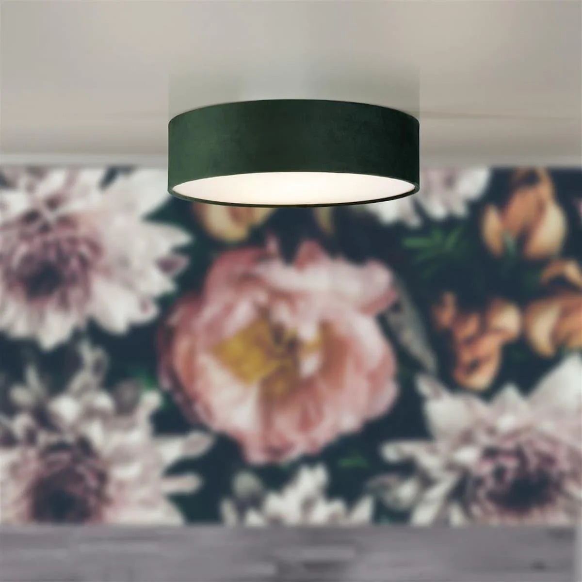 DRUM 2 3LT FLUSH CEILING LIGHT - GREEN VELVET SHADE 23298-3GR - Peter Murphy Lighting & Electrical Ltd