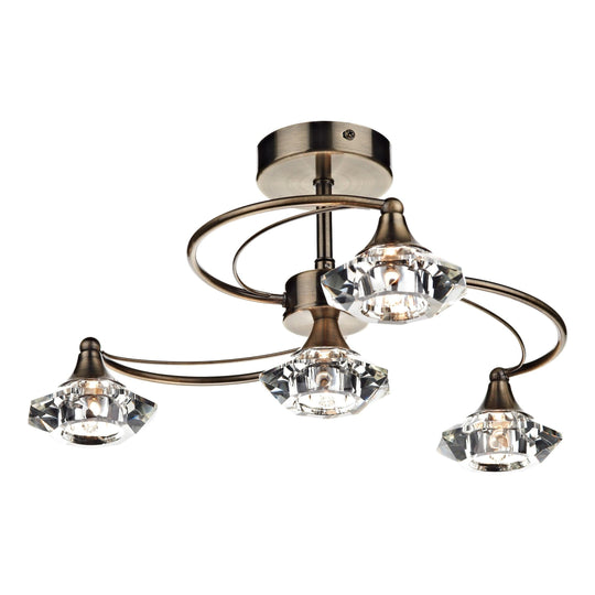 Luther 4 Light Semi Flush complete with Crystal Glass Antique Brass