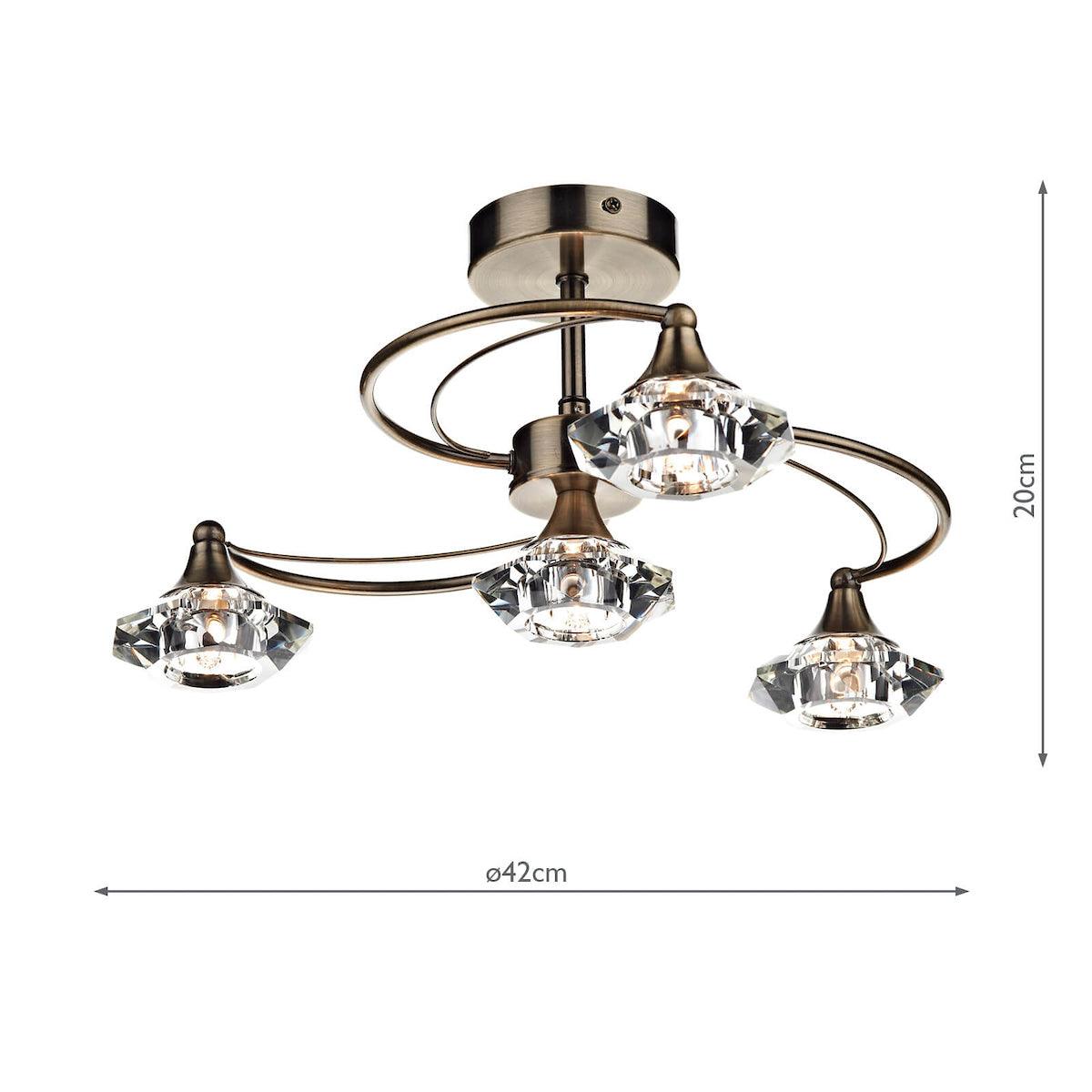 Luther 4 Light Semi Flush complete with Crystal Glass Antique Brass - Peter Murphy Lighting & Electrical Ltd