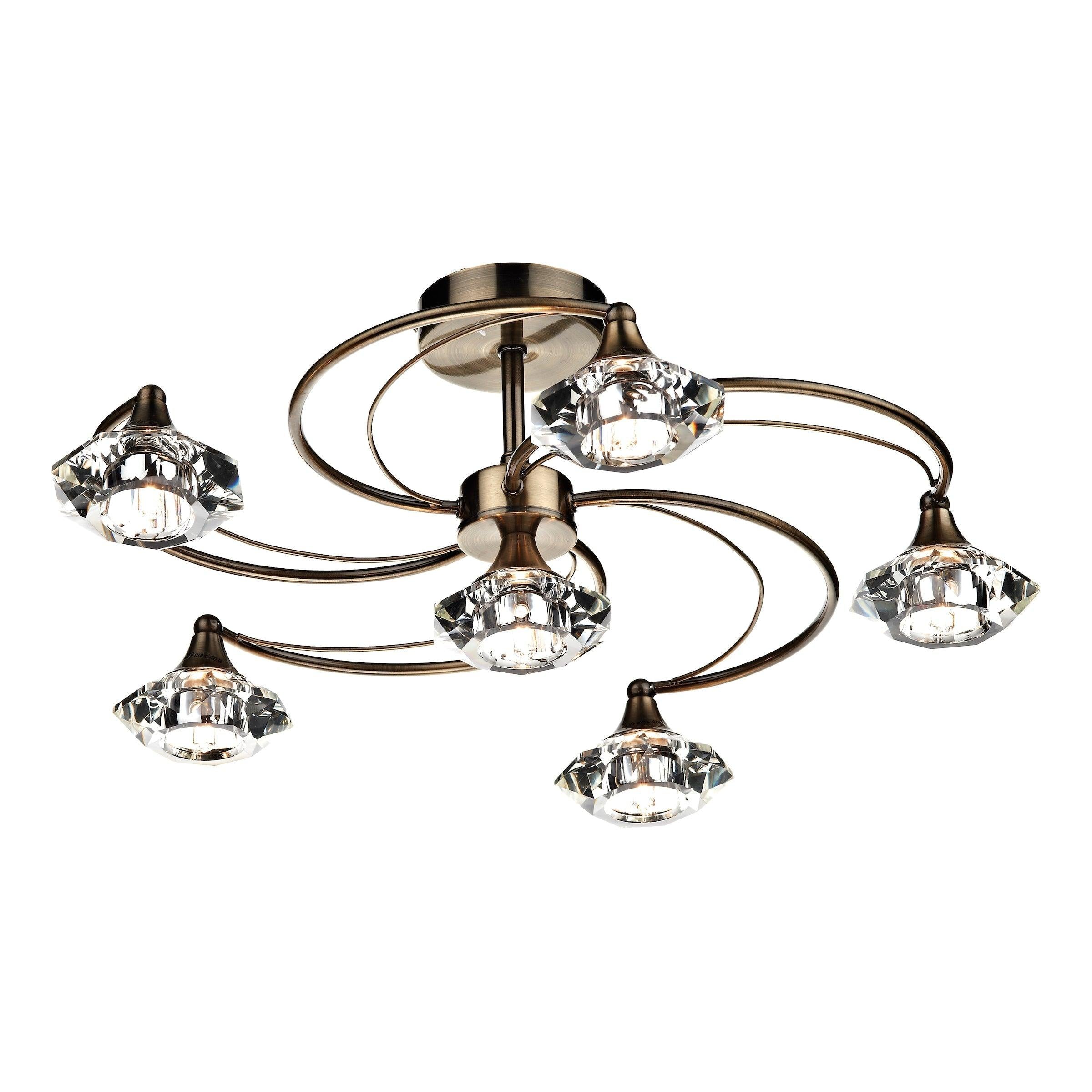 Luther 6 Light Semi Flush complete with Crystal Glass Antique Brass - Peter Murphy Lighting & Electrical Ltd