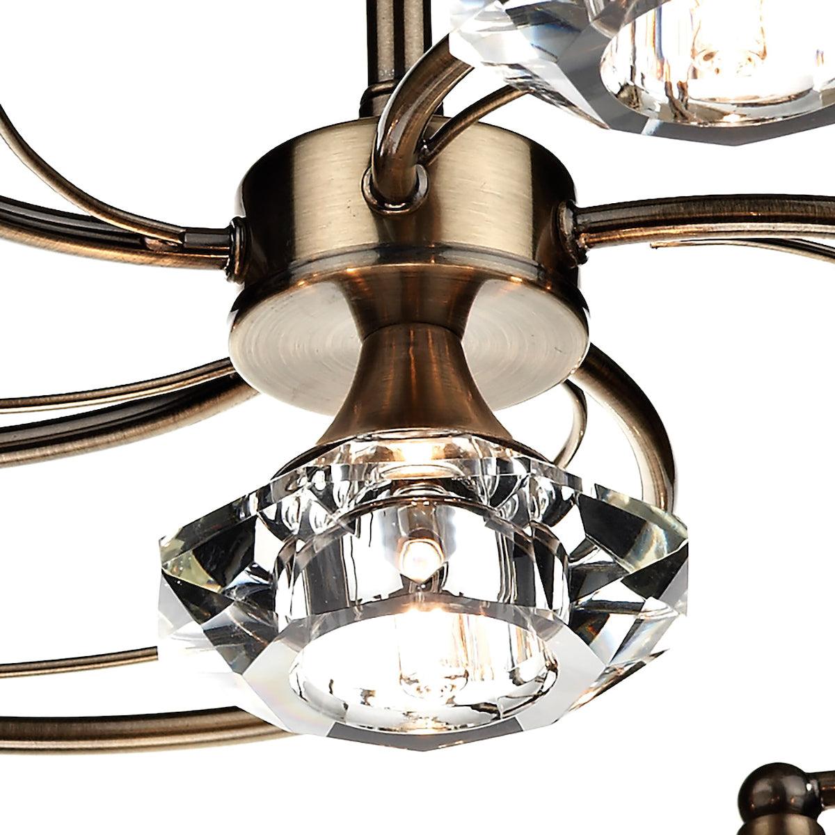 Luther 6 Light Semi Flush complete with Crystal Glass Antique Brass - Peter Murphy Lighting & Electrical Ltd