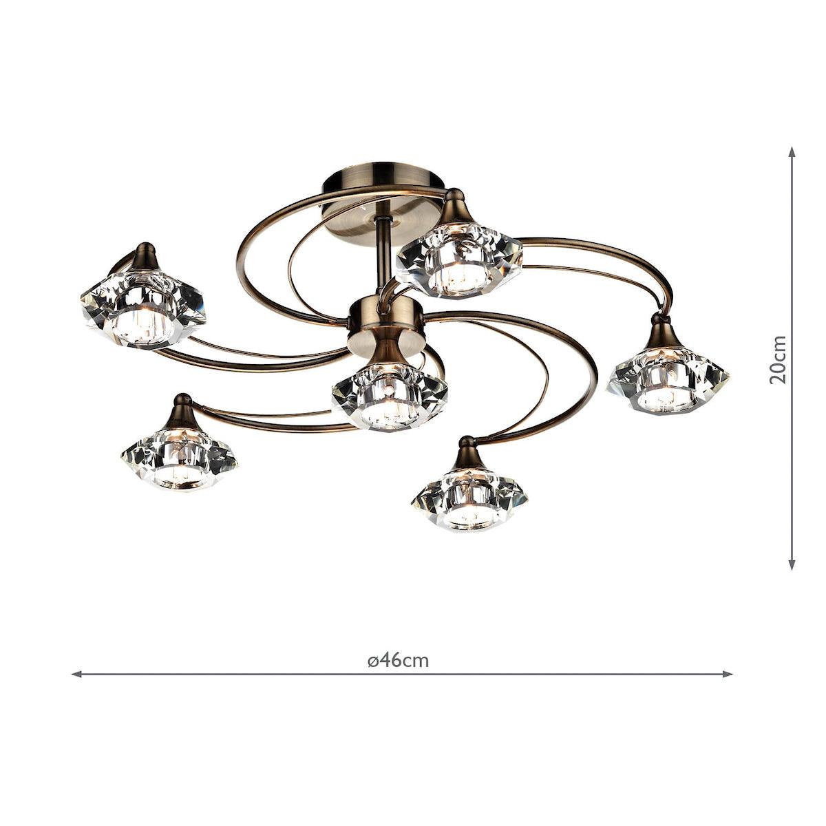 Luther 6 Light Semi Flush complete with Crystal Glass Antique Brass - Peter Murphy Lighting & Electrical Ltd