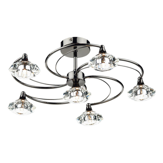 Luther 6 Light Semi Flush complete with Crystal Glass Black Chrome